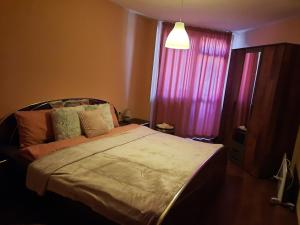um quarto com uma cama grande e uma cortina rosa em Eleny home em Burgas
