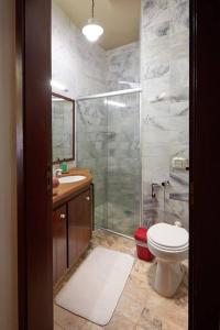 uma casa de banho com um chuveiro, um WC e um lavatório. em Casa Pinheiral em Bragança Paulista