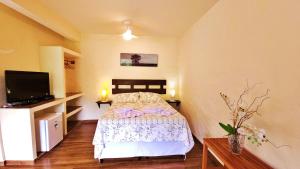 a bedroom with a bed and a flat screen tv at Riacho Doce Pousada in São Francisco Xavier