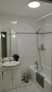 a bathroom with a sink and a tub and a shower at Appartement refait à neuf, climatisé avec vue mer et montagne, avec place de parking privative in Saint-Cyprien +12 photos