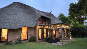 a thatch roofed house with lights on it at Thatchwood Cottage in Hilton