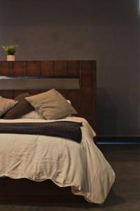 Loft titanio en excelente ubicación! في سان لويس بوتوسي: سرير مع اللوح الأمامي الخشبي وعليه نبات
