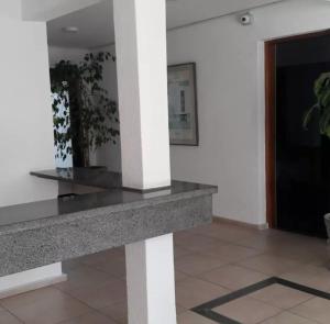 a stone bench in a room with a plant at Departamento Punta del Este parada 16 La Mansa in Punta del Este