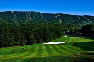 a view of a golf course with mountains in the background at Le Nid d'Aigle in Beaupré
