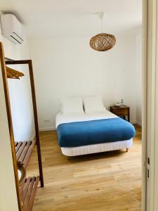 a bedroom with a bed with a blue blanket at Charming home near Paris in Le Perreux-Sur-Marne