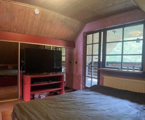 a bedroom with a bed and a flat screen tv at Forest House in Pašvinės