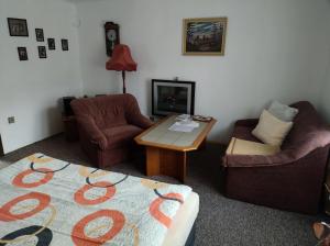 a living room with a couch and a coffee table at Chalupa Na Křemence in Třinec