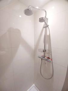 a shower with a shower head in a bathroom at Modern en sfeervol appartement aan de Zoete Waters in Oud-Heverlee