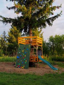 einen Spielplatz mit Rutsche und Baum in der Unterkunft Po Prostu Dobro in Mrągowo