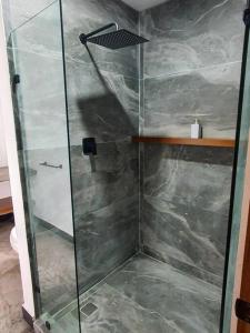 a shower with a glass door in a bathroom at Loft platino en excelente ubicación! in San Luis Potosí