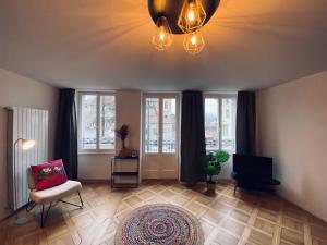 a living room with a chandelier and a chair and a television at Appartement tout confort rénové avec vue - Tilleul 5 in Fribourg