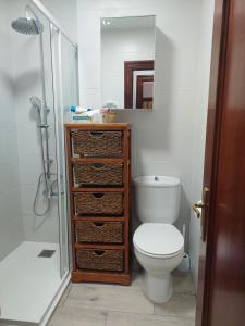 W łazience znajduje się toaleta i przeszklony prysznic. w obiekcie apartamento central w mieście Ribadesella