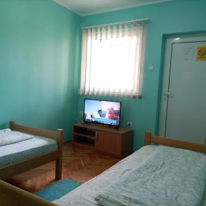 een blauwe kamer met 2 bedden en een televisie bij Banja Gornja Trepca-smestaj Grof in Gornja Trepča