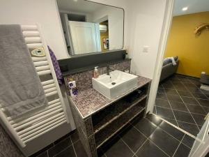 Saint-Maurice-de-RémensにあるPetite maison de villageの洗面台と鏡のあるバスルーム +9枚の写真