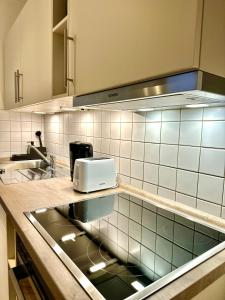 a kitchen with a sink and a toaster on a counter at Wohnung Alte Mainbrücke - GRATIS KAFFEE - NETFLIX - BALKON in Würzburg