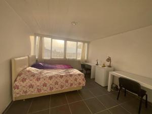 Schlafzimmer mit einem Bett, einem Schreibtisch und einem Fenster in der Unterkunft Lovely Private Flat For Two People in Antalya
