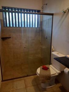uma casa de banho com um chuveiro e um WC com uma toalha. em Maravilhoso chalé num paraíso em Japaratinga em Japaratinga