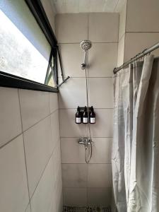 y baño con ducha y cortina de ducha. en Apartamento en Las Cañitas en Buenos Aires