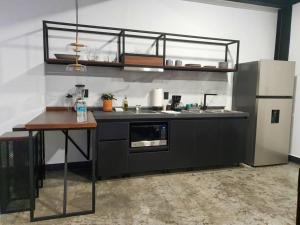 a kitchen with a sink and a refrigerator at Loft cobre en excelente ubicación in San Luis Potosí
