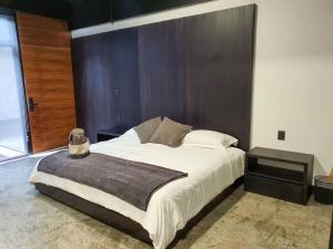 a bedroom with a large bed with a wooden headboard at Loft cobre en excelente ubicación in San Luis Potosí