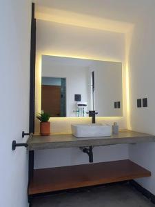 uma casa de banho com um lavatório e um espelho grande em Loft cobre en excelente ubicación em San Luis Potosí