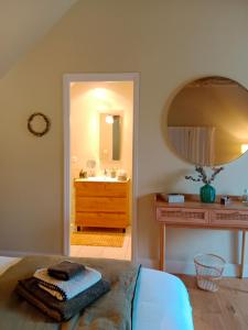 a bedroom with a bed and a sink and a mirror at Le moulin du Mesnil in Saint-Georges-sur-Cher