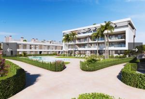 widok na budynek z ośrodkiem w obiekcie Jacuzzi Penthouse appartement Santa Rosalia Lake & Life Resort Murcia Golf w mieście Los Alcázares