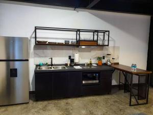 a kitchen with a sink and a refrigerator at Loft Bronce en excelente ubicación! in San Luis Potosí