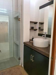 a bathroom with a sink and a glass shower at Hermoso departamento con excelente ubicación in San Luis Potosí