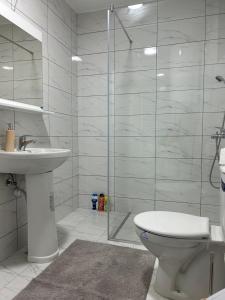 a bathroom with a toilet and a sink and a shower at House Inn 2 in Pirot