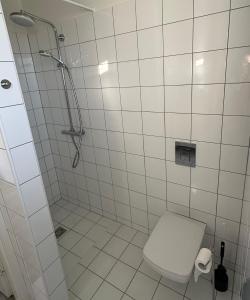 La salle de bains blanche est pourvue d'une douche et de toilettes. dans l'établissement Farmer's Guest House, à Hella