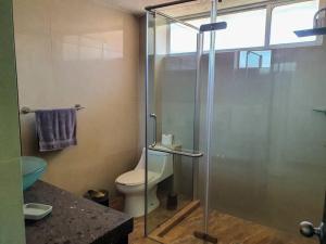 a bathroom with a toilet and a glass shower at Departamento con estilo y excelente ubicación in San Luis Potosí +5 photos