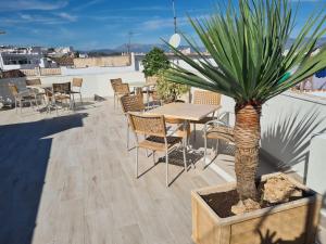 a patio with a table and chairs and a palm tree at Apartamentos Casa Sardina in Alhaurín el Grande