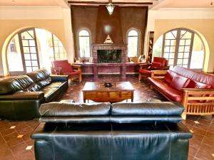 un soggiorno con divani in pelle e camino di Le Domaine de Carole Marrakech a Akkara