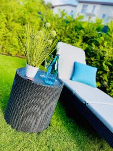 uma cadeira de vime com uma garrafa e uma planta sobre ela em "Blue Sun" Apartament 11B HorizonPark Dziwnòwek em Dziwnówek