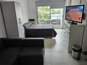 uma sala de estar com um sofá e uma televisão de ecrã plano em Precioso departamento con cochera cubierta a 300m del Hospital Español em La Plata