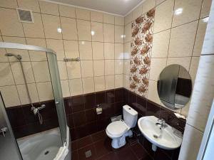 a bathroom with a toilet and a sink and a mirror at Hotel Cisar in Lviv