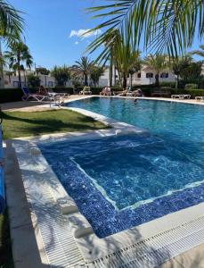 uma grande piscina com cadeiras e palmeiras em Apartamento Alfaz Del Sol em L'Alfàs del Pi