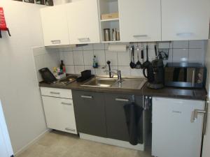 a small kitchen with a sink and a microwave at Cenet 1 Zimmer Apartment in Sindelfingen