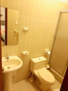La salle de bains est pourvue de toilettes et d'un lavabo. dans l'établissement 100 RV Apartments Iquitos-Apartamento primer piso con vista a piscina, à Iquitos
