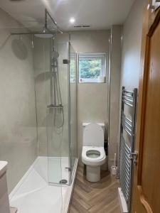 a bathroom with a toilet and a glass shower at Cosy Apartment in Wetheral,Cumbria in Wetheral