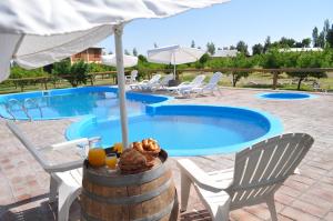 a swimming pool with chairs and a table and an umbrella at Posada San Vicente in San Rafael