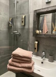 ein Badezimmer mit einem Waschbecken, einem Spiegel und Handtüchern in der Unterkunft Rocky Studio Chamonix Sud in Chamonix-Mont-Blanc