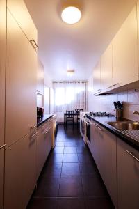 uma grande cozinha com armários brancos e um lavatório em hyper centre carouge QDC em Genebra