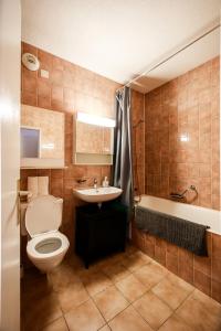een badkamer met een toilet, een wastafel en een bad bij hyper centre carouge QDC in Genève