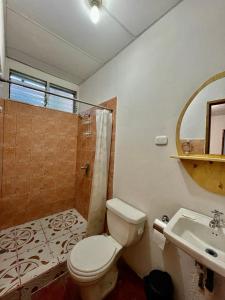 a bathroom with a toilet and a shower and a sink at Hostal Namborus in Rivas