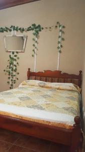 1 cama con cabecero y plantas en la pared en Alquiler temporario Natal, en la entrada a Posadas en Garupá