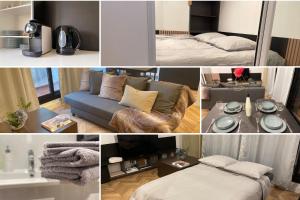 un collage de fotos de una sala de estar con sofá en DG Apartment - Le Relais du Lac, proche Disneyland Paris, en Lognes