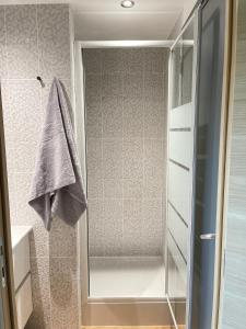 y baño con ducha y toalla. en DG Apartment - Le Relais du Lac, proche Disneyland Paris, en Lognes