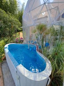 a hot tub in a garden with a house at Glamping Villa Luces in Tocotá